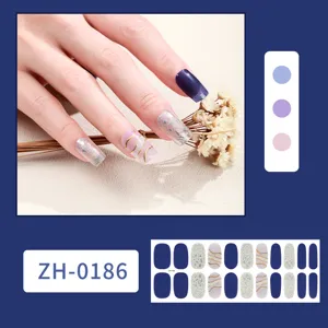 Waterproof 22-tips nail polish stickers, blue glitter and geometric chic manicure wraps.
