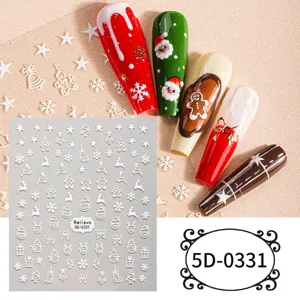 Christmas 5D embossed nail stickers detail showing cute snowflakes, snowmen and reindeer designs.