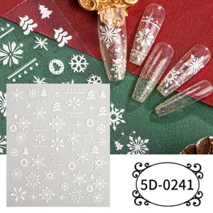 5D Christmas nail stickers embossed white snowflakes decals holiday nail art designs