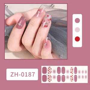 22 Pcs Waterproof Cherry Rhinestone Nail Wraps Full Cover Korean Style Polish Sticker