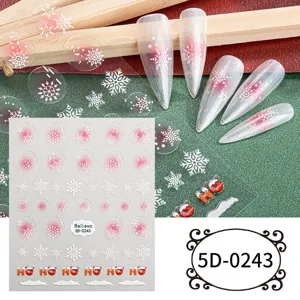 5D Christmas nail art stickers embossed white snowflakes winter holiday manicure decals for DIY design
