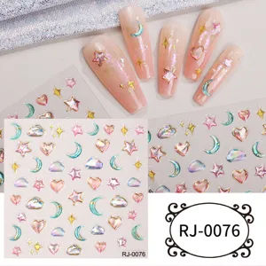 5D embossed nail stickers detail showing holographic star moon heart designs on clear sheets.