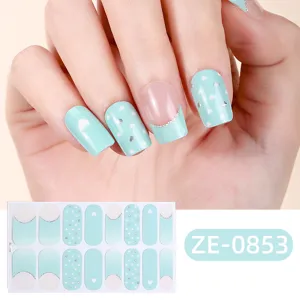Mint green gradient french nail wraps with silver hearts, 16 tips glossy sticker set.