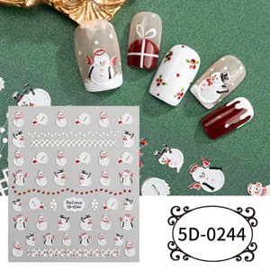 Detailed view of 5D embossed Christmas snowman nail stickers sheet and display tips.
