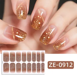 Gradient glitter cat eye nail stickers brown french style 16 tips manicure wrap sheet