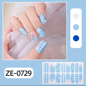 Blue check and floral nail wraps detail, 16 tips french manicure sticker for elegant hand look.