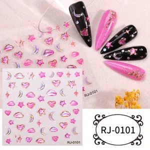 5D embossed nail art stickers detail showing glittering star moon and heart adhesive decals.