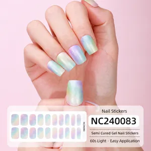 Adesivi per unghie in gel semi-polimerizzato con design arcobaleno sfumato occhio di gatto.