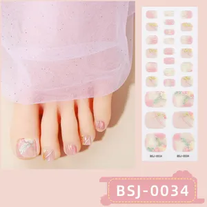 Semi-cured gel toe nail wraps with pink floral and gold foil design, easy to use.