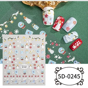 5D Christmas nail art stickers embossed relief winter snowmen snowflakes DIY manicure decorations