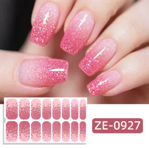Detailed view of pink glitter gradient french nail wraps sticker sheet for stunning manicures.