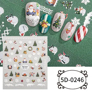 5D Christmas nail art stickers embossed winter holiday snowman Santa decals for DIY nail design.