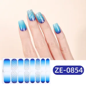 Blue gradient nail wrap stickers with silver grid design, easy DIY manicure art set details.
