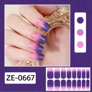 Close-up detail of gradient purple pink nail wrap stickers, showing smooth color transition.