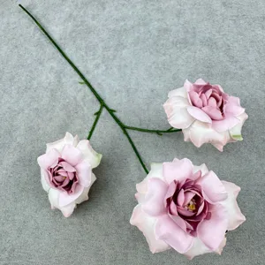 Artificial 3-head foam rose branch pink fake flowers for wedding home decor floral design.