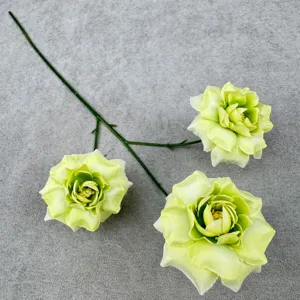 Detail shot of 3-head artificial bubble green rose flower with green stems for home decor.