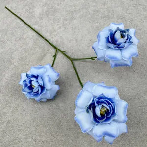 Close-up detail of 3-head artificial bubble rose flower branch with blue gradient petals.