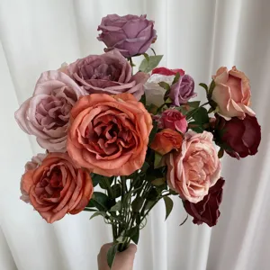 Detailed view of brushed fabric artificial Austin rose bouquet for home hotel decor arrangement.