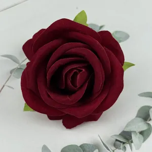 Burgundy velvet artificial rose flower head for wedding home decor and floral crafts.