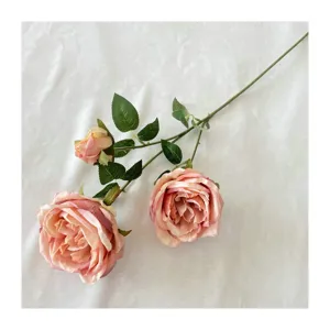 Artificial 3-head Austin rose bouquet, premium brushed cloth fake flowers for home decor.