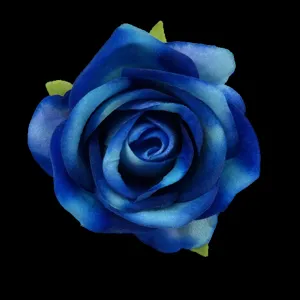 Blue velvet artificial rose flower head detail shot, perfect for wedding floral wall decor.