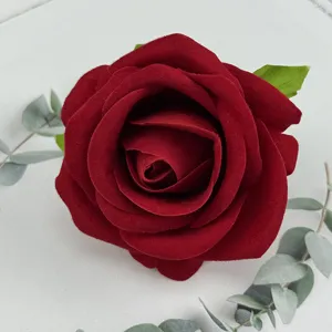 Dark red velvet rose flower head close up, exquisite artificial floral detail for home decor