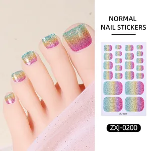 Gradient glitter starry aurora toe nail stickers detail, sparkling rainbow multicolor foot manicure wraps.