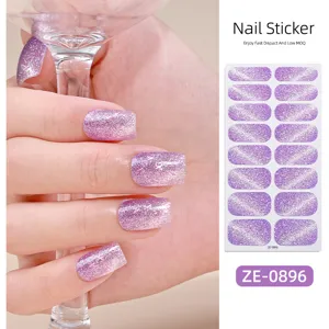 Set di adesivi per unghie occhi di gatto diagonale viola glitterato, elegante sfumatura.