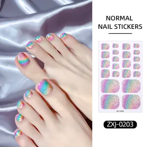 Glitter gradient toe nail stickers for women, colorful rainbow sparkling wrap decals detail.