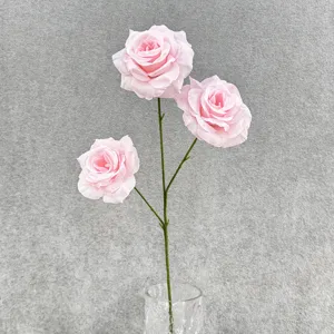 Pink 3-head artificial rose flower branch silk floral arrangement for wedding home decor.