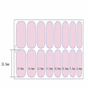 Nail polish wrap size chart detail showing dimensions and specifications for 16 tips.