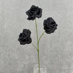 3-head artificial black rose branch silk flower for wedding home DIY decoration and party setup
