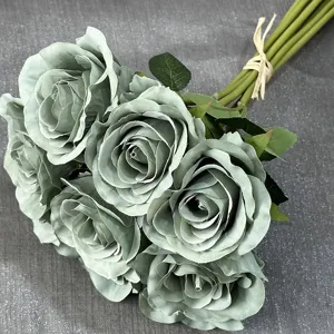 Künstlicher Salbeigrüner Rosenstrauß 9 Köpfe Seidenblumen Hochzeit Heimdekoration