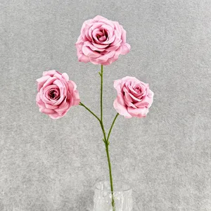 Detailed view of 3-head artificial silk rose flower branch in pink for home DIY decor.