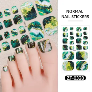 Autocollants d'ongles d'orteil en marbre vert doré, gradient d'été, finition brillante.