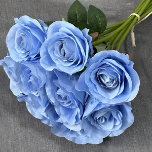 Wunderschöner künstlicher blauer Rosenstrauß 9 Köpfe Seidenblumen für Hochzeitsdeko