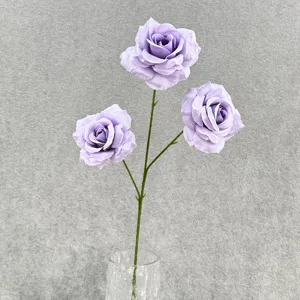 Artificial 3-head rose flower branch purple silk rose for home wedding party decoration detail