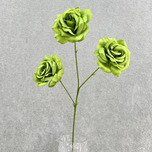 3-Head artificial green rose flower branch for home decor and DIY floral arrangement.