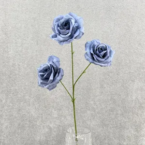 Detailed view of the 3-head artificial blue rose flower branch with realistic fabric petals.