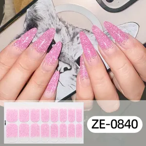 Pink glitter gradient press on false nails long almond nail art stickers details