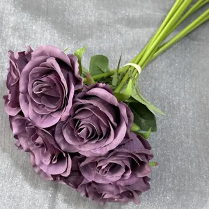 Künstliche 9-Kopf Rosen Blumenstrauss künstliche Blumen für Hochzeit Heimdecor lila