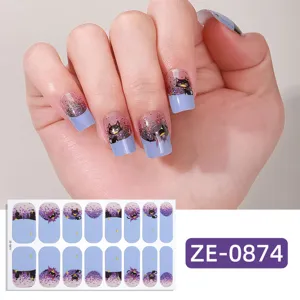 Halloween dark style cat nail wraps, purple glitter gel nail stickers with sheet and model display.