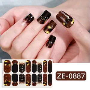 Halloween dark style nail wraps with spooky cat smile, star and moon designs for stunning art.