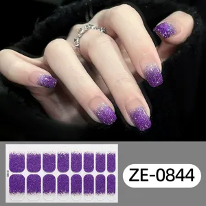 Purple glitter gradient nail wraps, sparkling adhesive nail art stickers for easy DIY home use.