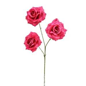 Artificial 3-head rose flower stem, pink silk floral decor for home wedding DIY decoration