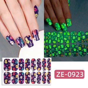 Halloween glow in the dark skull nail wraps detail view, scary ghost pumpkin nail art sticker.