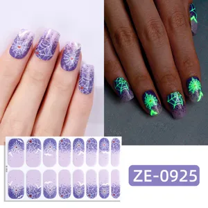Halloween glow in the dark nail wraps purple gradient spider web nail stickers sheet.