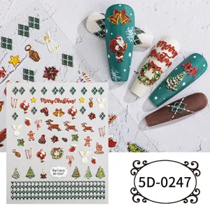 5D Christmas nail stickers featuring relief Santa Claus and tree designs for holiday nail art.