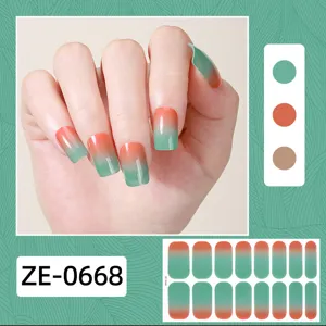 Gradient nail wrap stickers for 16 fingers, orange and green simple style DIY nail art.