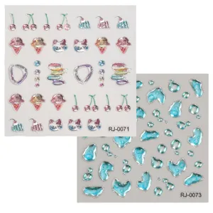 5D Soft Gel Nail Stickers Cute Cat Cherry Macaron Blue Water Droplet Embossed Decals